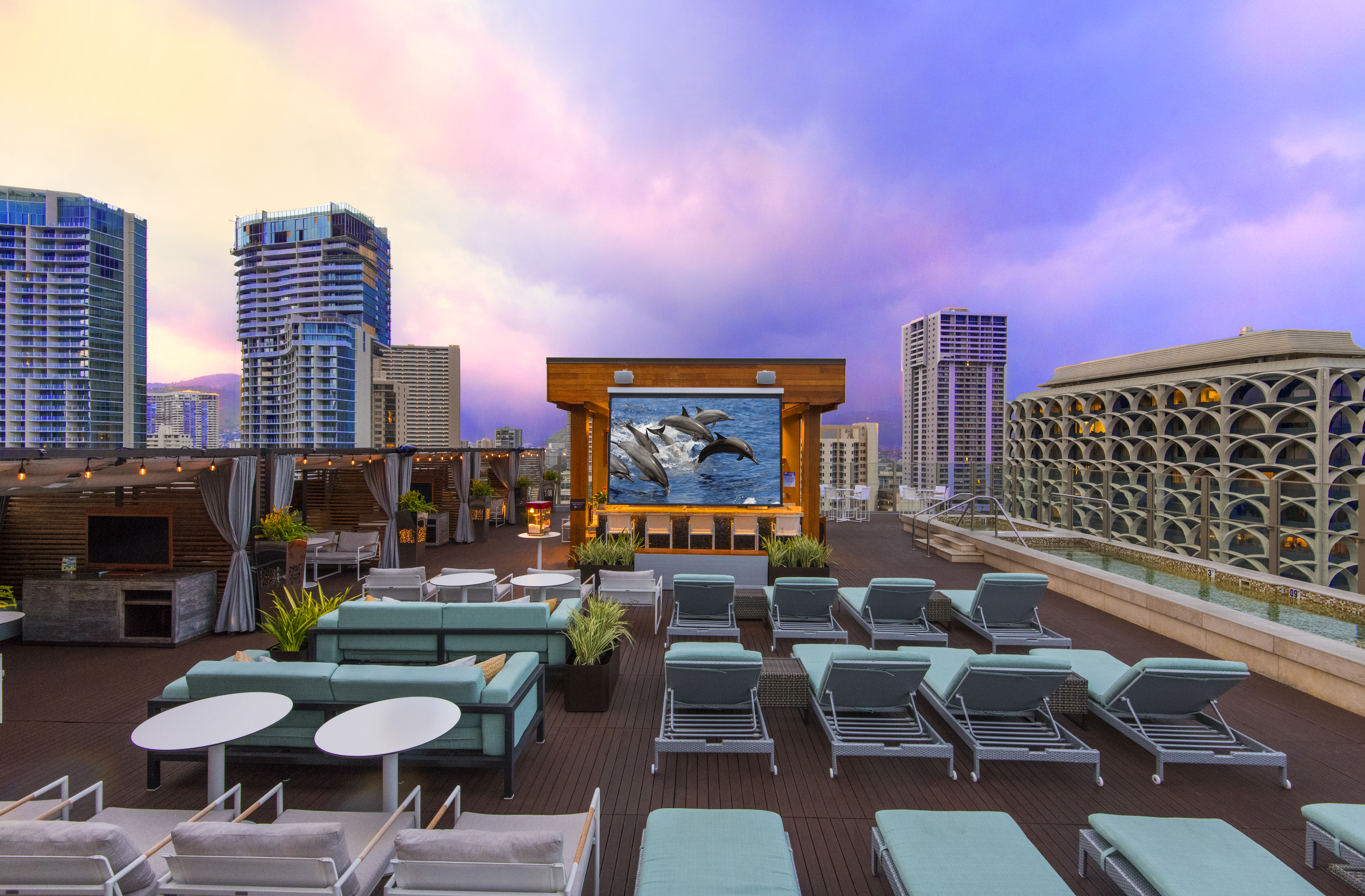 Roof top movie theater at Hokulani Waikiki by Hilton Grand Vacations in Hawaii. 