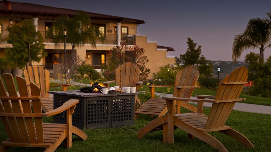 Fire pit ready for roasting s'mores at Hilton Grand Vacations at MarBrisa in Carlsbad, California. 