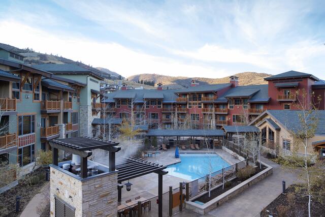Aerial shot of pool and grill area at Sunrise Lodge, a Hilton Grand Vacations Club in Park City, Utah. 