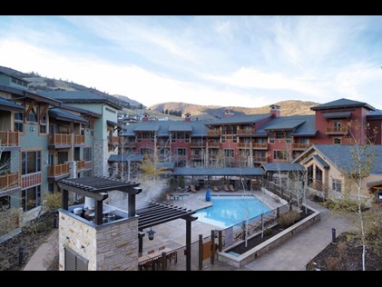 Aerial shot of pool and grill area at Sunrise Lodge, a Hilton Grand Vacations Club in Park City, Utah. 