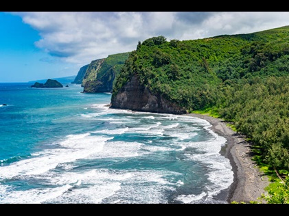 Aerial shot of Hawaii's lush shoreline meeting turquoise waters. 