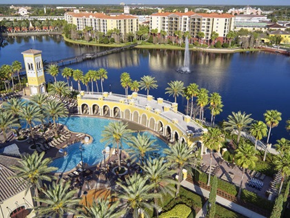 Aerial shot of Tuscany Village, a Hilton Grand Vacations Club, Orlando, Florida. 