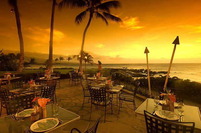 Sweeping oceanviews at sunset at Kamuela Provision Company, Hilton Waikoloa Village®, Big Island, Hawaii. 
