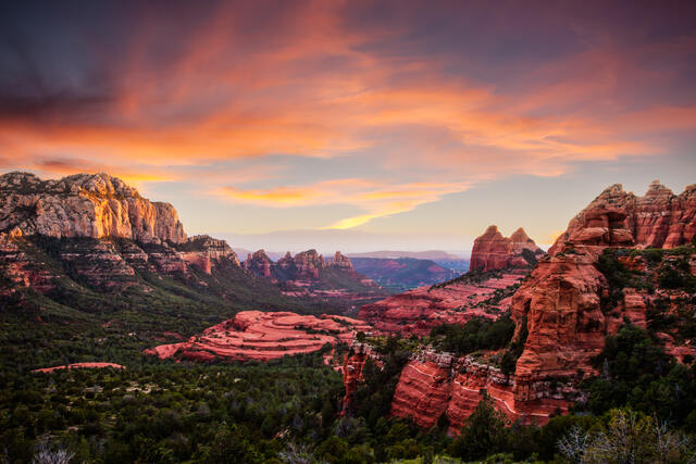 Gorgeous desert vista with red rocks against the sunset painted skies, Sedona, Airzona. 