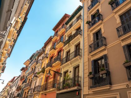 Buildings along a road in Pamplona, Spain, home to the festival of San Fermin, also known as the running of the bulls