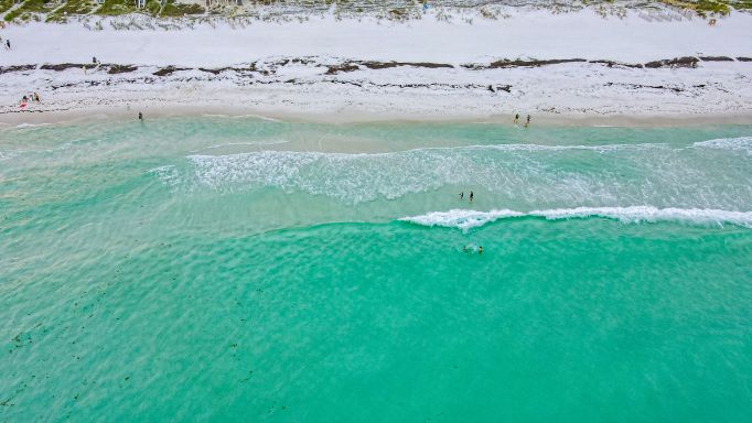 Stunning aerial view, emerald water, white-sand shore, Sandestin, Florida. 