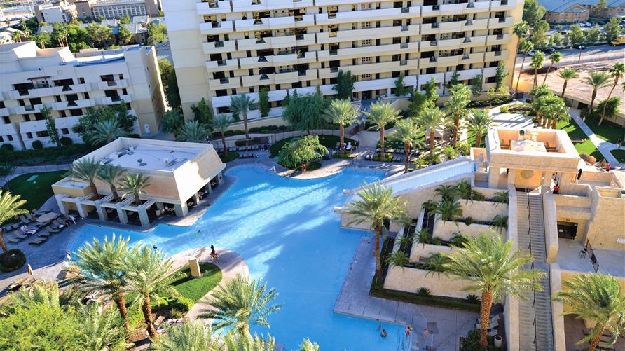 An aerial view of the resort and pool at Cancun Las Vegas, a Hilton Vacation Club