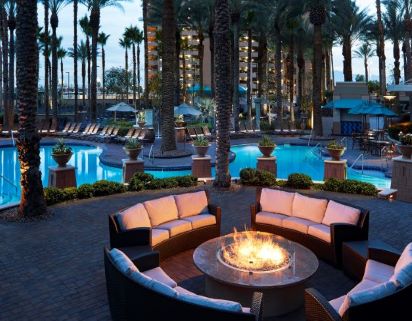 A cozy poolside fire pit at The Boulevard, a Hilton Grand Vacations Club, in Las Vegas, Nevada