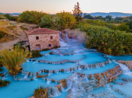 Natural springs and waterfalls of Cascate Del Mulino in Tuscany, Italy