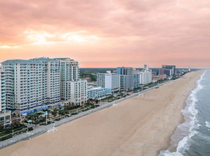 Aerial view of Oceanaire, a Hilton Vacation Club, in Virginia Beach, Virginia, at sunset