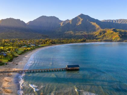 Aerial shot of Hanalei Bay on the north shore of Kauai in Hawaii