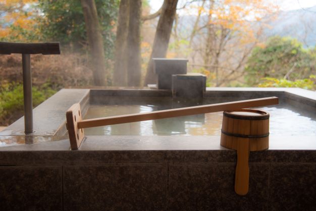 Peaceful Japanese onsen, hot springs, forest views, Hakone, Japan. 