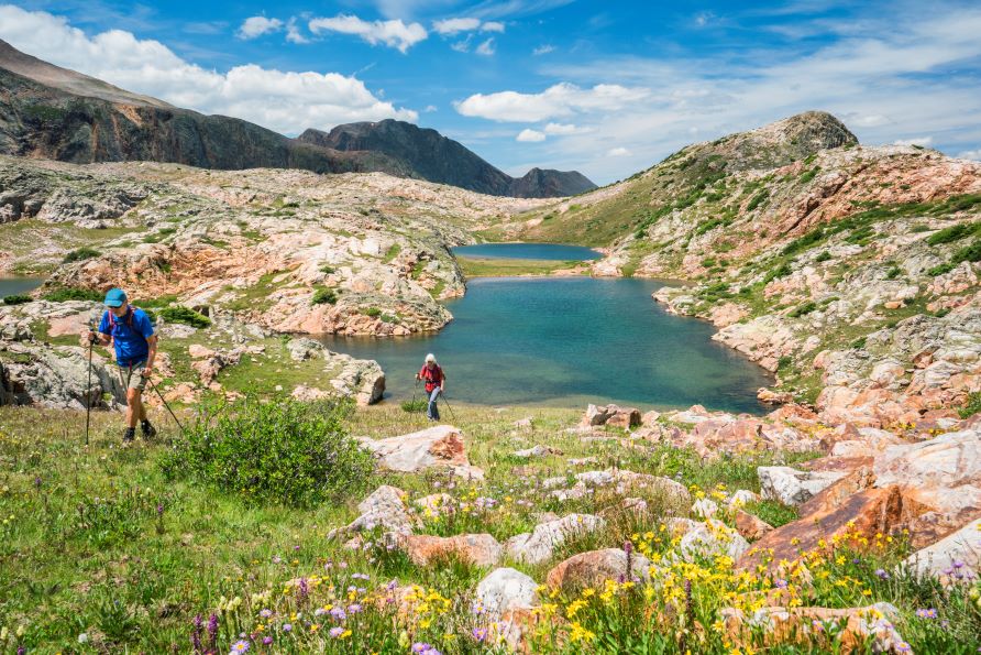 Mature couple hiking, Breckenridge, Colorado. 