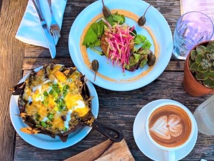 A table of food from a restaurant in Malibu, California