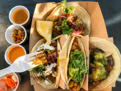 Flat lay image, tasty food, food truck fare.  