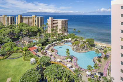 Aerial view of the lush grounds, large pool area and beachfront at Hilton Vacation Club Ka’anapali Beach Lahaina, Hawaii
