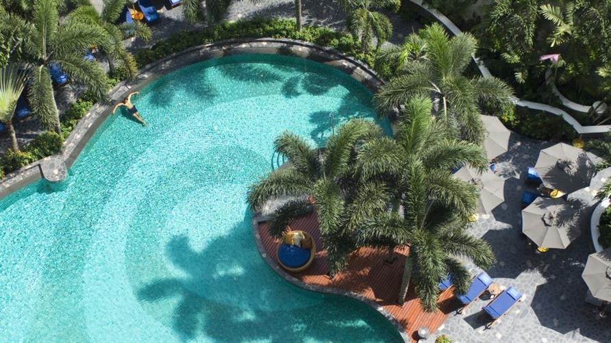 Aerial view of stunning Hilton hotel pool and palm trees