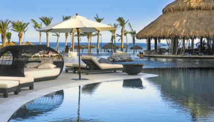 Stunning poolside scene, infinity pool, Hilton Grand Vacations timeshare resort. 