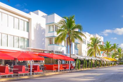Outdoor café-lined street, blue skies, palm trees, Lincoln Road, Miami, Florida. 