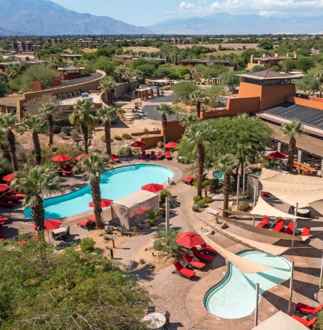 Aerial view of the pools at Hilton Grand Vacations Palm Desert