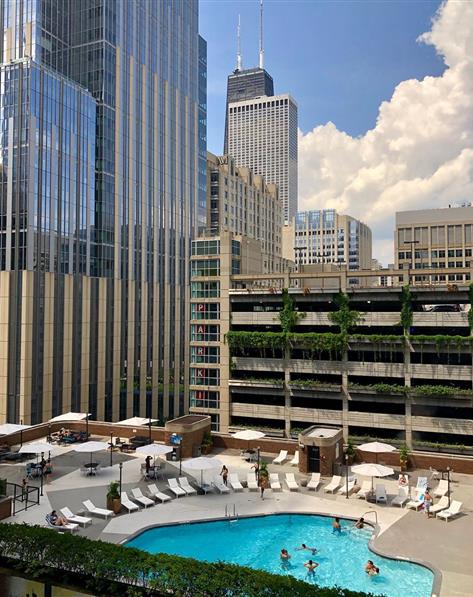 Balcony view of pool at Chicago Magnificent Mile, a Hilton Grand Vacations Club located in Illinois.