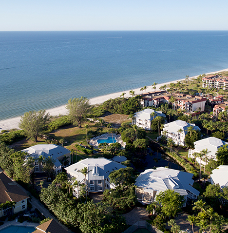 Aerial view of Sanibel Cottages Resort and the Gulf of Mexico.